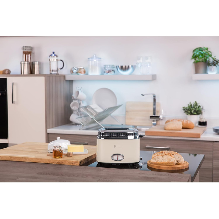 Тостер Russell Hobbs Retro 21680-56 нержавіюча сталь, 2 відділення, кремовий. З підставкою для булочок, 6 режимів, розморожування та підігрів, 1300 Вт
