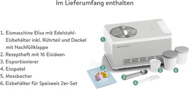 Морозивниця та йогуртниця SPRINGLANE Elisa 2,0 л із самостійним компресором 220 Вт, нержавіюча сталь, функції охолодження та нагріву, з рецептурником, срібляста з 2 контейнерами для морозива (сірі)