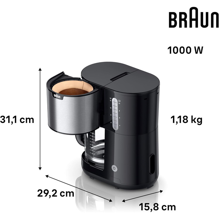 Кавоварка Braun PurShine KF 1500 BK, фільтраційна, скляний глечик 10 чашок, OptiBrew, авто-вимкнення, 1000 Вт, чорна