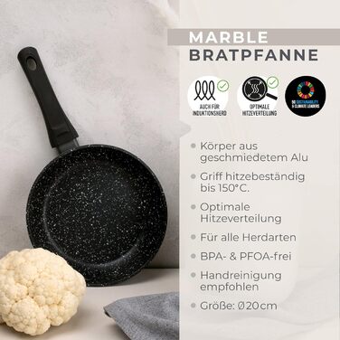 Сковорода Fackelmann Marble 20 см, антипригарна, з 90% переробленого алюмінію, з ергономічною пластиковою ручкою, для індукції, для смаження та приготування страв