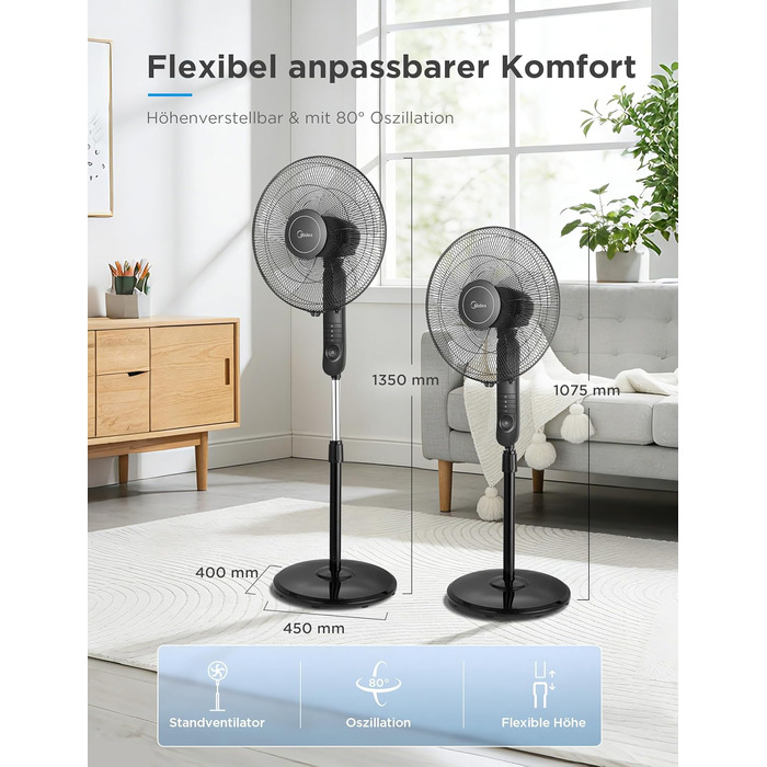 Вентилятор підлоговий Midea FS40-15FR з пультом, 3 режими, LED дисплей, таймер, регульована висота, чорний