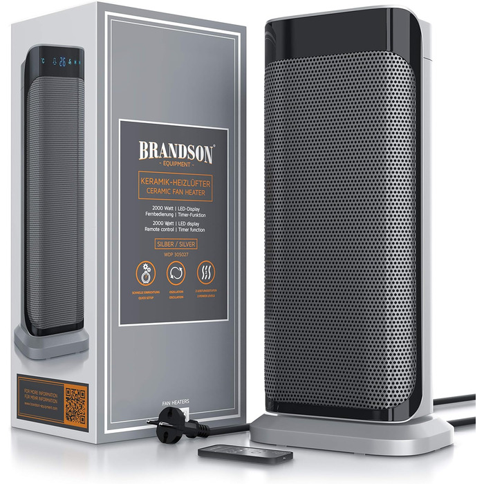 Керамічний обігрівач Brandson 2000 Вт з дистанційним керуванням, енергоощадний, тихий, для ванної кімнати, з осциляцією, сріблястий, сертифікат GS, переможець 2024 року