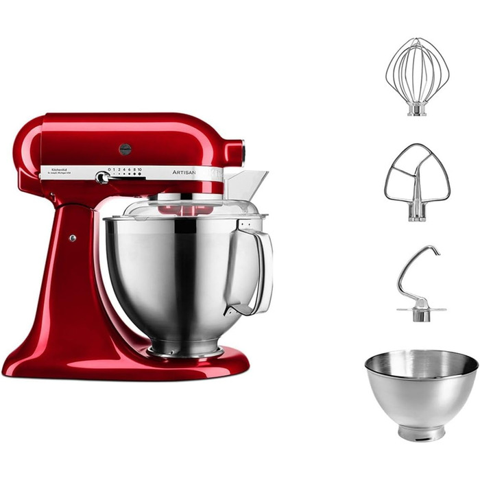 Кухонна машина KitchenAid Artisan — планетарний міксер з 2 чашами та 3 насадками з нержавіючої сталі, 4.8 л, колір: червоний (Liebesapfelrot)
