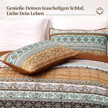 Покривало WONGS BEDDING Boho 220x240 см, стьобане, мікрофібра, 3 предмети: покривало і 2 наволочки 50x75, блакитне, для двоспального ліжка, спальня або диван