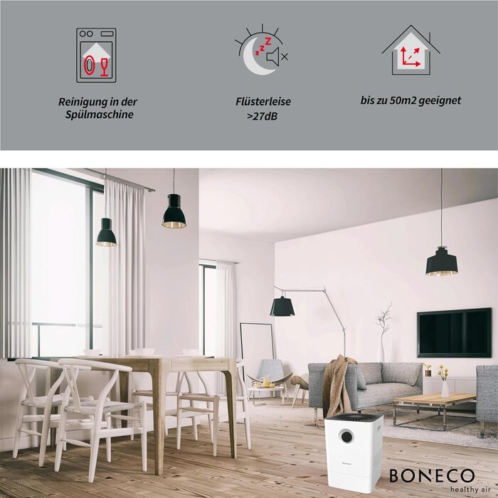 Зволожувач та мийка повітря BONECO W200, 4,5 л, для приміщень до 50 м², дуже тихий (27 дБ), 2 режими, авто-вимкнення, білий