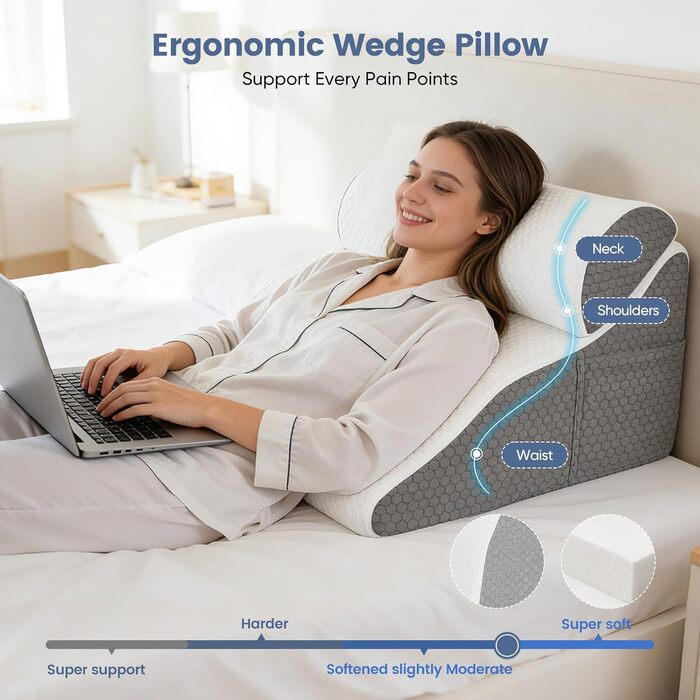 Подушка для читання в ліжку та на дивані з піною Memory Foam, ергономічна спинка, регульована клиноподібна подушка для підтримки спини під час відпочинку, ігор, читання або перегляду телевізора
