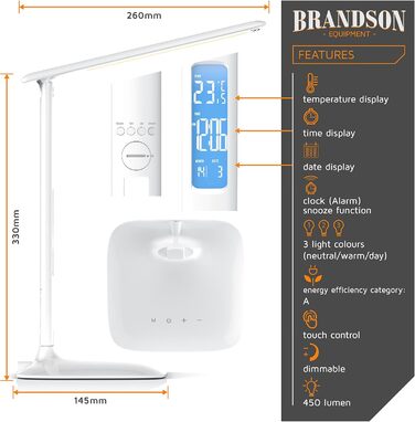Настільна LED лампа Brandson з регулюванням яскравості, 3 режими світла (холодний, теплий, нейтральний), захистом для очей, таймером, термометром і календарем