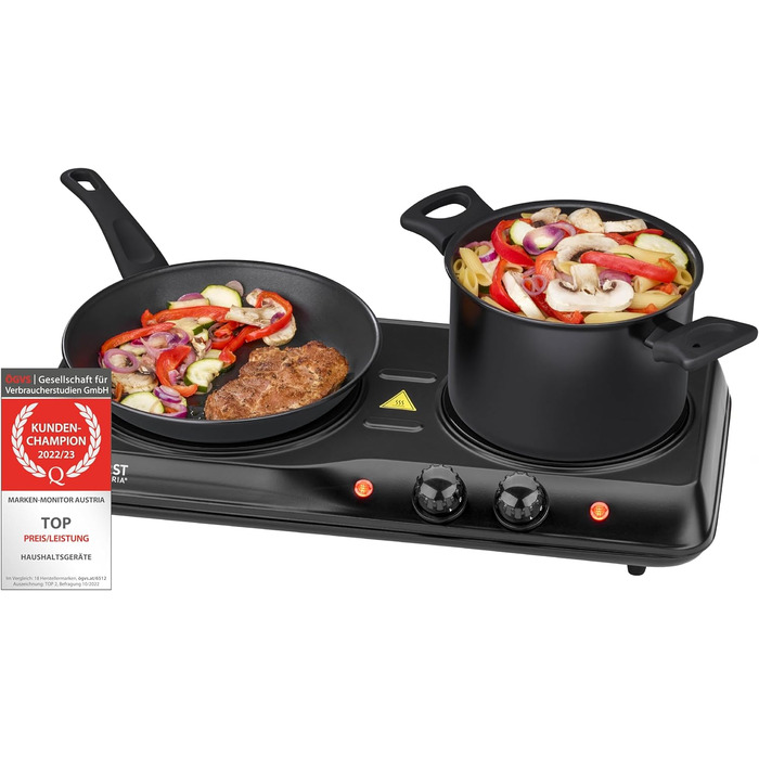 Інфрачервона керамічна плита TZS First Austria, подвійна, 19/16,5 см, для всіх типів посуду, портативна електроплита для дому, переїзду, кемпінгу, швидке нагрівання, плавне регулювання, чорна