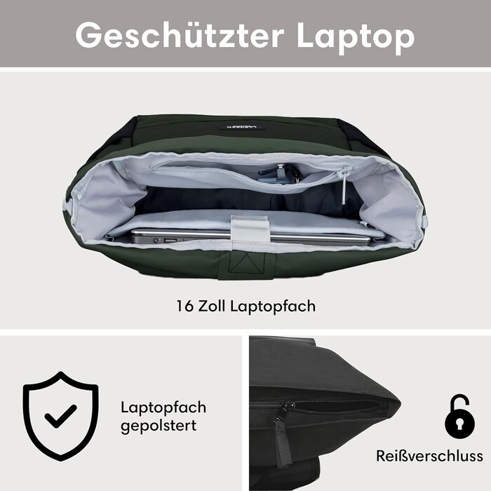 Рюкзак LARKSON Rolltop для жінок і чоловіків, водостійкий, з відділенням для ноутбука, для університету, роботи, подорожей і велосипеда, темно-зелений, універсальний розмір