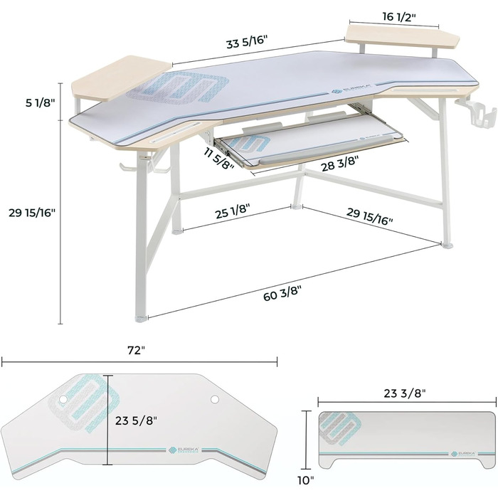 Ігровий стіл EUREKA ERGONOMIC 160x74 см з крилами, для ПК, з 2 відсіками для iPad, для дому, офісу, стрімінгу, білий акорн
