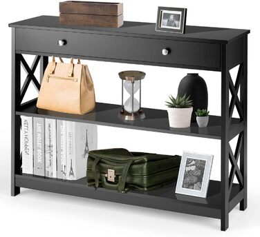Консольний стіл GIANTEX чорний 100x30x80 см з висувною шухлядою та 2 полицями, вузький стіл у передпокій, сучасний декор-столик, тумба з захистом від перекидання