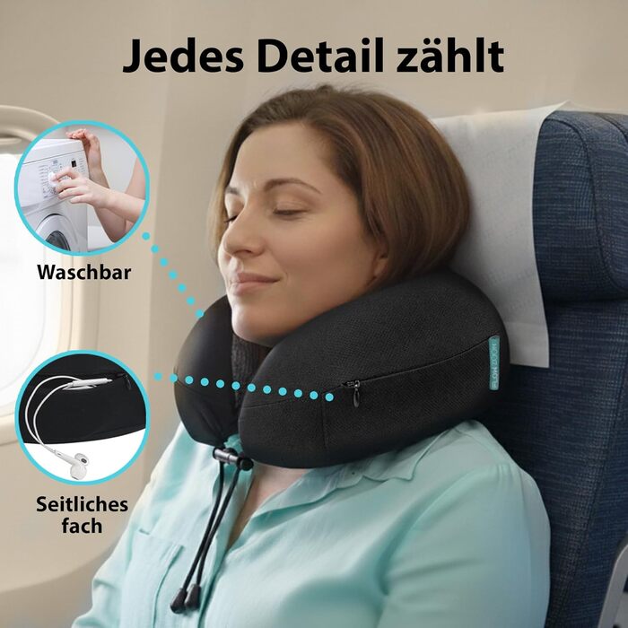 Подушка для шиї FLOWZOOM Comfy для літака та авто - регульована подушка з піною з пам'яті з гнучкими кнопками для 360° підтримки, дихаючий, пральний чохол - з сумкою - Чорний (Dream - Classic - Чорний)
