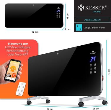 KESSER Електричний скляний конвектор 2000 Вт з Wi-Fi, сенсорним екраном, таймером, пультом, для підлоги або стіни, білий