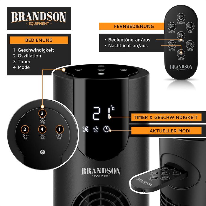 Вентилятор Tower Brandson з Еко DC мотором, 8 швидкостей, таймер, дистанційне керування, енергозберігаючий, преміум-якість