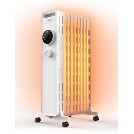 Масляний радіатор Midea NY2009-22M 2000Вт, 9 секцій, енергозберігаючий, безшумний, з термостатом, 3 режими нагріву, захист від перегріву і перекидання, ECO-режим, швидкий обігрів, портативний, білий, риб'ячий хребет
