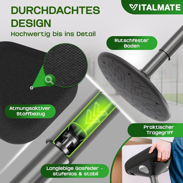 Офісний стілець VITALMATE з регулюванням висоти та неслизьким покриттям - стілець-покрутка для офісу та дому - регульований стійкий стілець для роботи - стійка для стоячи - чорний офісний стілець