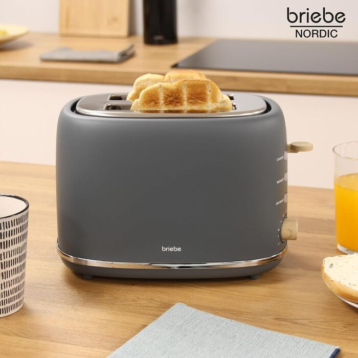 Тостер Briebe Nordic Set 2-слотовий з підставкою для булочок, 6 рівнів підсмажування + Електричний чайник 1.7л 2200Вт, Швидке нагрівання, BPA-free, Сірий