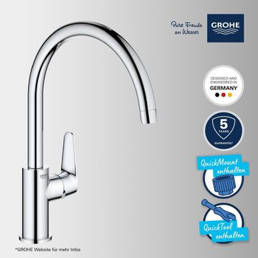 Змішувач кухонний GROHE StartCurve 31554001: поворотний на 360°, економія води, легкий монтаж, хромований
