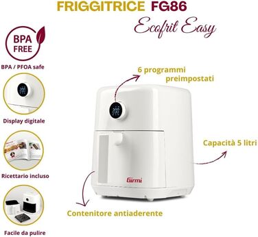 Аерофритюрниця Girmi FG86 Ecofrit Easy на 5 літрів, 1400 Вт, 6 програм, дисплей з поворотним регулятором, таймер, книга рецептів