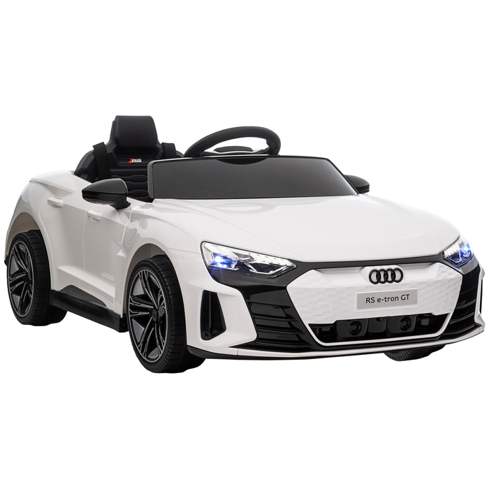 Дитячий електромобіль Audi RS e-tron GT з ременем безпеки, пультом дистанційного керування, фарами, музичною функцією, білий колір, розміри 103 x 58 x 41 см