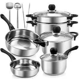 Набір каструль 6 шт. з нержавіючої сталі для індукційних плит, Cookware Set, з кришкою та захистом від опіків, сумісний з усіма типами плит, не має покриття, придатний для миття в посудомийній машині