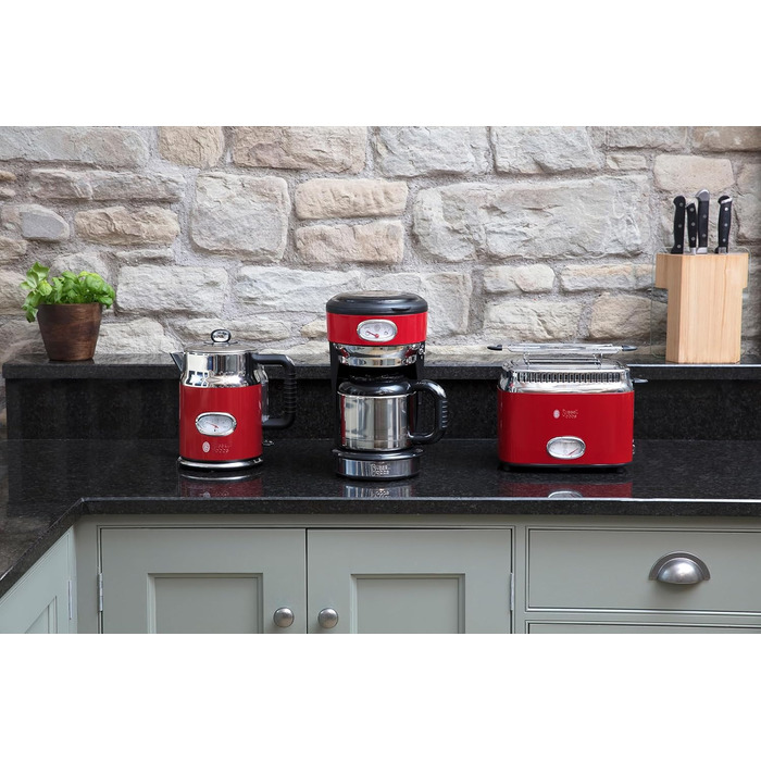 Тостер Russell Hobbs Retro 21680-56, нержавіюча сталь, червоний, 2 тости, 6 режимів, розморожування, підігрів