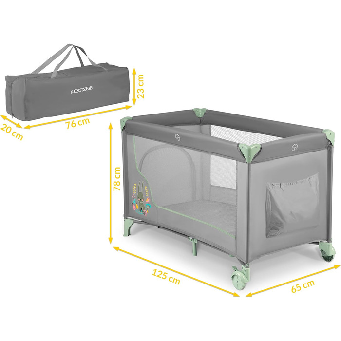 Дитяче ліжечко-манеж Ricokids, складне, з матрацом, 125x65x78 см, 15 кг, дві колеса з гальмами, знімний бічний вхід, сумка, світло-сірий та м'ятний колір