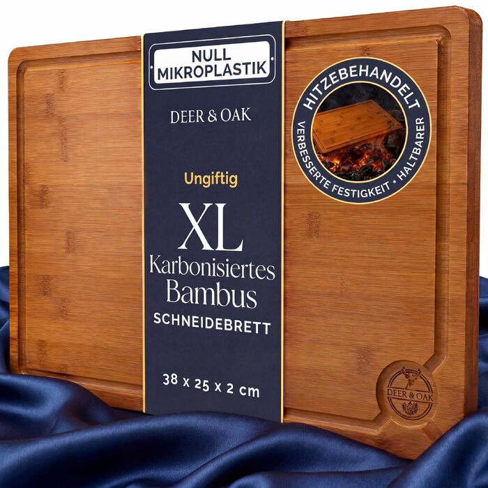 Обробна дошка велика Deer & Oak карбонізована з бамбука 38x25x2 см, з олією, для м'яса, риби, овочів, фруктів, сиру та хліба
