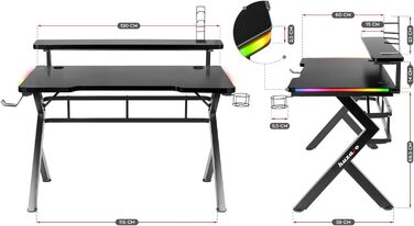 Ігровий стіл Huzaro Hero 5.0 RGB з LED-підсвіткою, моніторною підставкою, гачком для навушників і тримачем для напоїв, карбонова стільниця 120x60 см, чорний