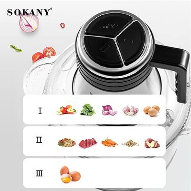 М'ясорубка-подрібнювач Sokany 800W з чашею 3л з нержавіючої сталі, електричний мультиподрібнювач з 2 швидкостями для м'яса, овочів, фруктів