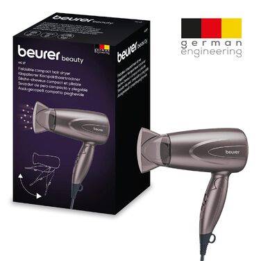 Фен для волосся Beurer HC 17, компактний, складаний, 1300 Вт, захист від перегріву, 2 режими нагріву та обдуву, професійна насадка, для подорожей