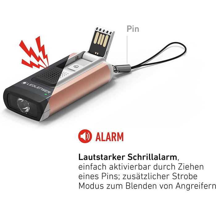 Ліхтарик Ledlenser K6R Safety 400 лм із сиреною, USB, сірий — компактний брелок-ліхтарик, акумуляторний, з тривожним сигналом