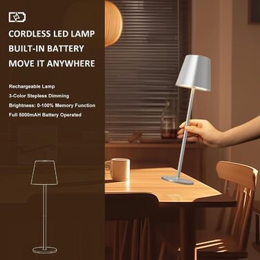 Бездротова LED настільна лампа PreeOtti, диміруєма, 3 кольори, сенсорна, акумуляторна, USB-C, для вулиці, тумбочки, столу, кемпінгу, сріблясто-сіра