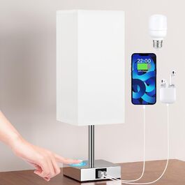 Сенсорна приліжкова лампа Kakanuo з USB A та Type-C, LED-лампою, білий абажур, металевий корпус, сучасна настільна лампа для спальні, вітальні, дитячої, готелю, офісу, біла