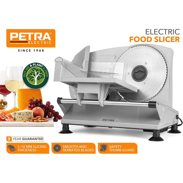 Електрична скиборізка Petra PT4636VDE для кухні: нарізка хліба, сиру, м'яса, ковбаси, регулювання товщини 1-15 мм, 3 леза з нержавіючої сталі, нековзкі ніжки