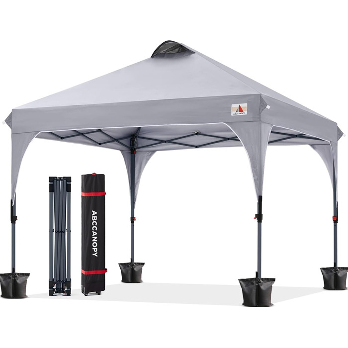 ABCCANOPY павільйон 3x3 м водонепроникний, складаний, садовий, для фестивалів, сонцезахист, з сумкою на колесах, 4 вагові сумки, 4 мотузки, 4 кілки, сірий