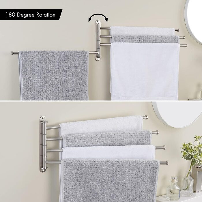 Рухомий тримач для рушників KES, 4-стрижневий, з нержавіючої сталі SUS304, для ванної, 50 см, матовий, 180° обертання