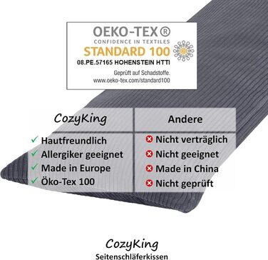 Подушка для сну на боку 200x40 см Cord / Кремовий - з сертифікатом Öko-Tex, прання при 40°C, ідеальна як подушка для вагітних, годування або для тривалого сну (Сірий, 200x40 см)