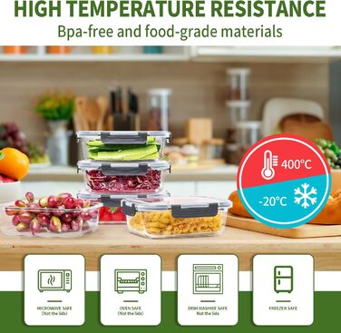 Набір скляних контейнерів для зберігання продуктів Skroam, 10 предметів (5 контейнерів + 5 кришок), придатні для мікрохвильовки, посудомийки й морозильної камери, без BPA