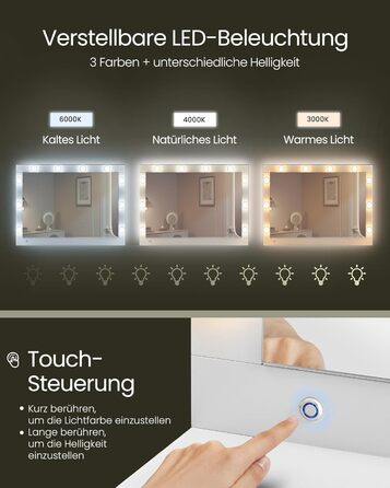 Трюмо VASAGLE з LED-підсвічуванням, дзеркалом та ящиками, 40 x 125 x 140 см, сучасний дизайн, колір 