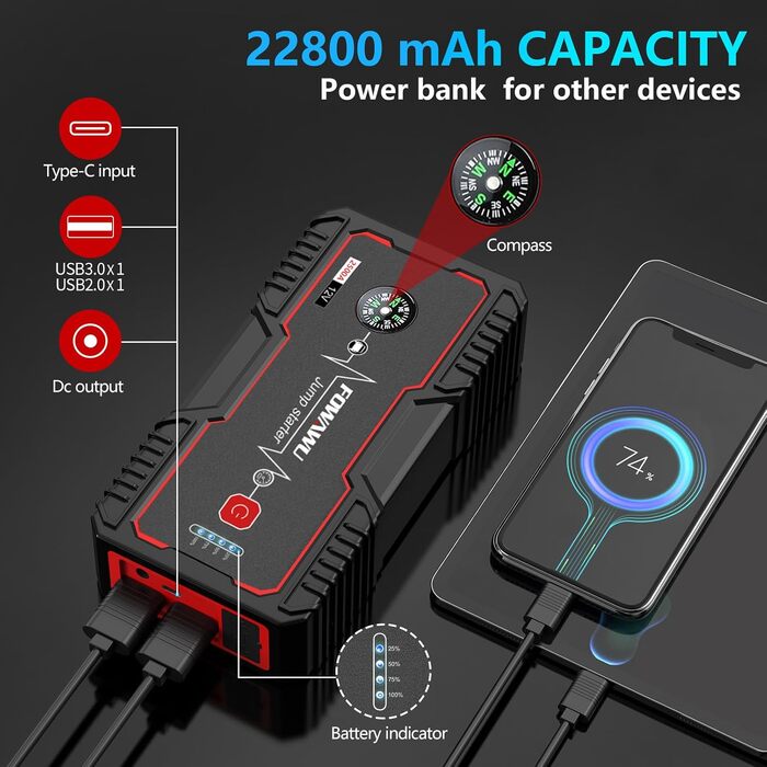 Бустерумулятор FOWAWU 2500A 22800mAh для автомобіля (бензин до 8L, дизель до 6.5L), пусковий пристрій для авто
