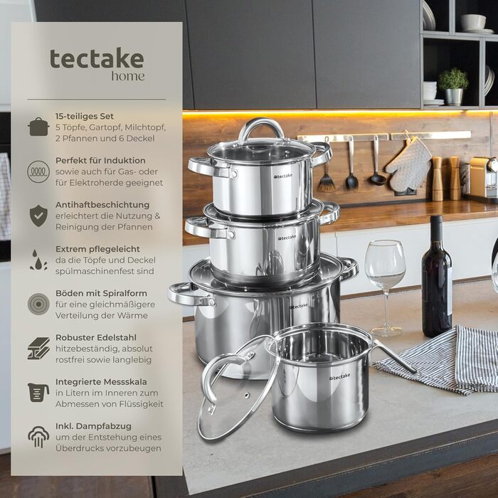 Набір каструль tectake® 15 предметів: каструлі, сковорідки з нержавіючої сталі з кришками, для плити (індукційна, газова, електрична), для кемпінгу та дому