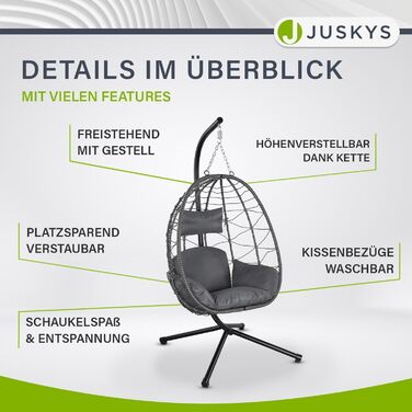 Підвісне крісло Juskys Aria з регульованою висотою, складане, ергономічне, для вулиці й дому, до 130 кг, з поліротангу, з подушкою, сіре
