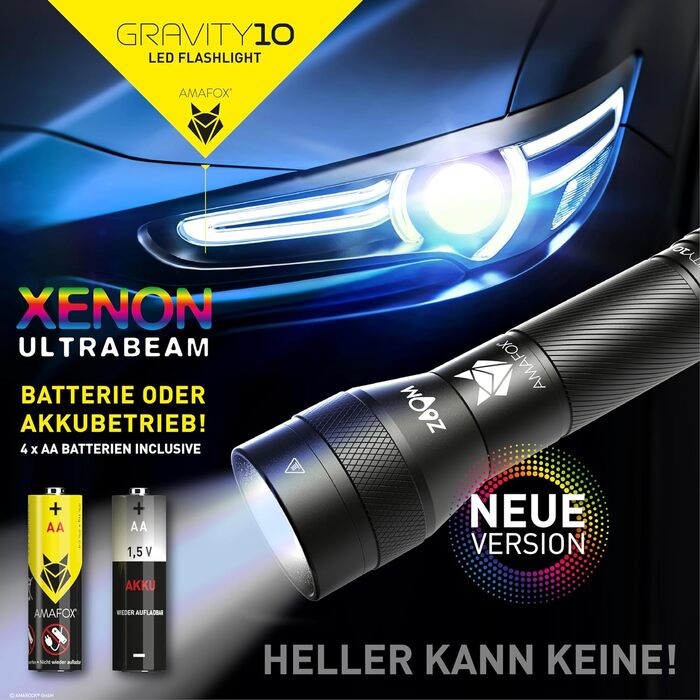 Ліхтарик AMAFOX G10-1000 люмен OSRAM XENON Power-LED, надяскравий, з регулюванням яскравості та зумом, працює на 4x AA батарейках