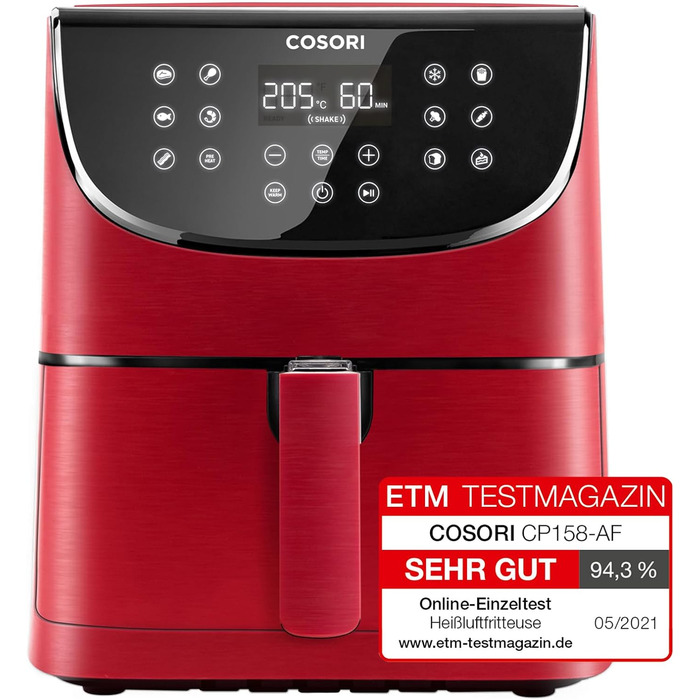 Аерофритюрниця COSORI 5,5 л XXL, червона, цифровий LED-екран, 11 програм, функції попереднього нагріву та підтримки тепла, Shake-режим, 100 рецептів німецькою, без олії, 1700 Вт, преміум якість
