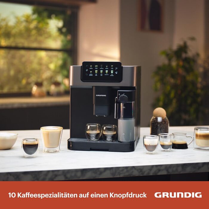 Кавомашина автоматична Grundig KVA 7230, 19 бар, сталева кавомолка (13 ступенів), капучинатор, підігрів чашок, чорний/сріблястий