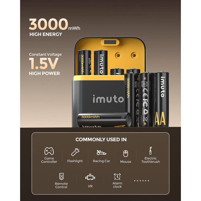 Акумулятори imuto AA 1.5V Li-ion 3000mWh з LED-дисплеєм та зарядним пристроєм, 16 шт, швидка зарядка, 1600 циклів