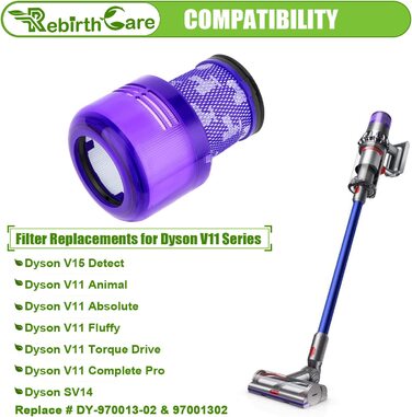Комплект з 3 фільтрів Rebirthcare для пилососів Dyson V11 SV17 SV14 SV22 Absolute, Pro, Animal, Torque Drive, Total Clean, змінний HEPA фільтр, сумісний з Dy-970013-02, 97001302, V11-3pcs