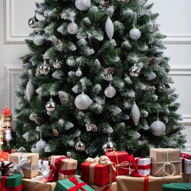 Штучна ялинка FAIRYTREES сосна 220 см, білий засніжений ефект, ПВХ, з натуральними шишками та дерев'яною підставкою