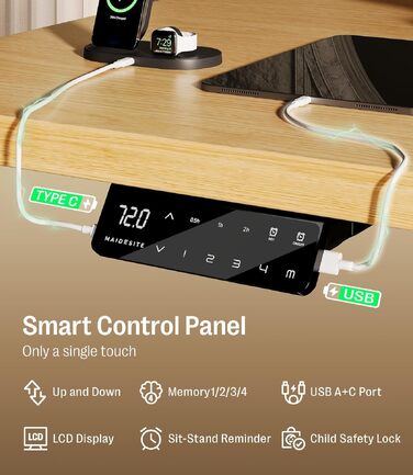 Електричний регульований стіл MAIDeSITe S2 Pro 140x70 см, чорна рама, вантажопідйомність 160 кг, захист від зіткнень